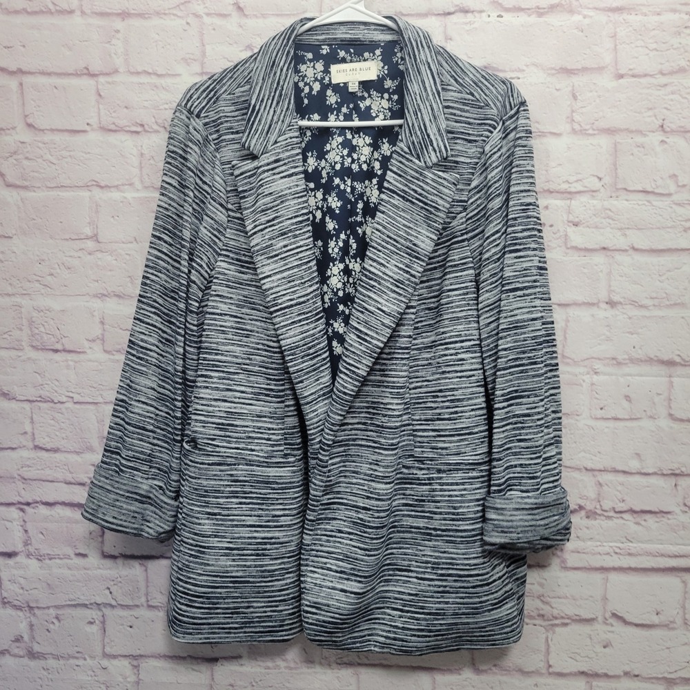 Skies Are Blue Curvy Gray Knit Blazer 3X Floral Lining Open Front Business Comfy